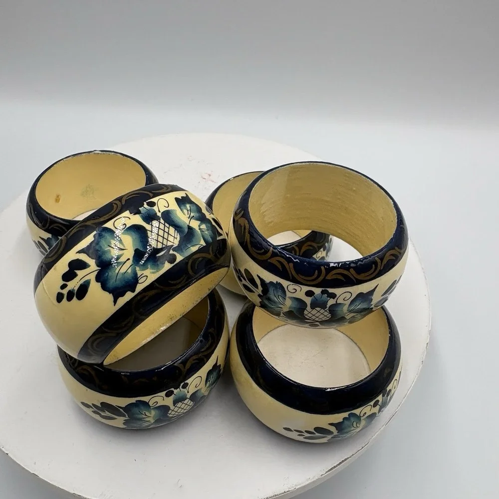 6 Hand Painted Wood Napkin Rings Vintage Blue Floral